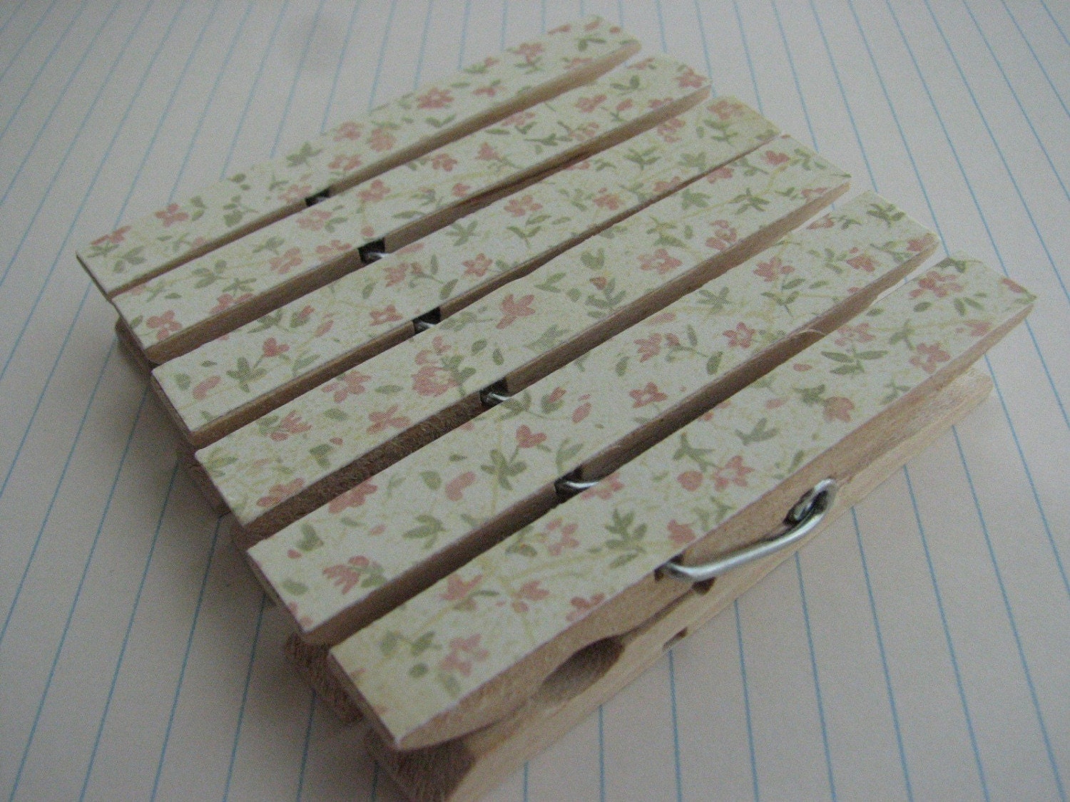 Pretty Clothespin Clips - Soft Pink Peach and Green Floral - Set of 6
