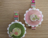 FREE SHIPPING Magnets - Set of 2 - Decoupaged Clothespin Clips - Birds in Cages - Green and Pink