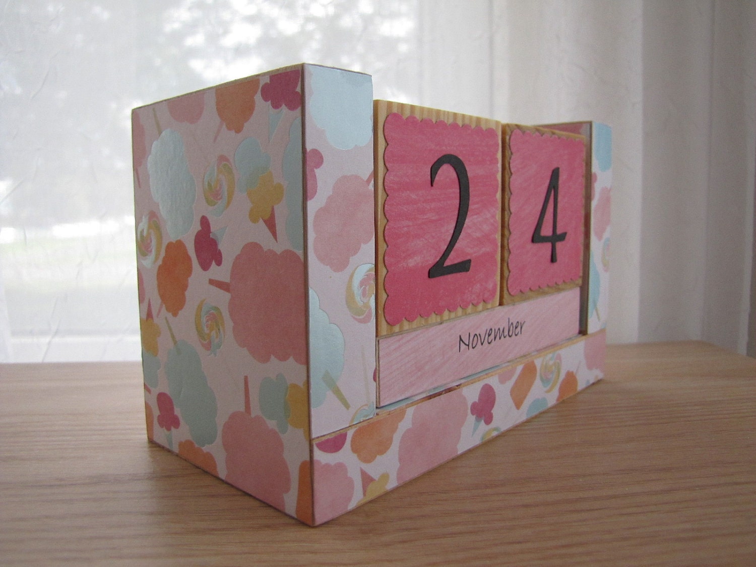 Perpetual Wooden Block Calendar - Cotton Candy Icecream and Carnival Treats