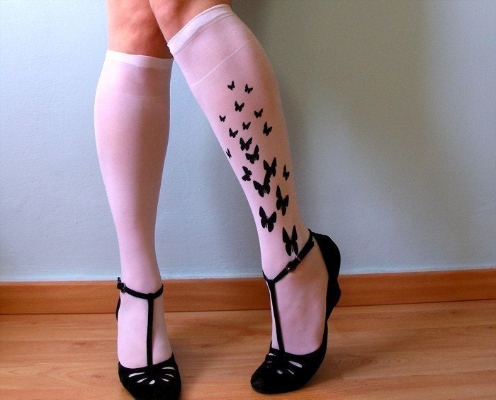 sexy BUTTERFLY TATTOO knee-high socks WHITE