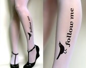 sexy, funny and flirty FOLLOW ME twitter TATTOO thigh-high stockings WHITE