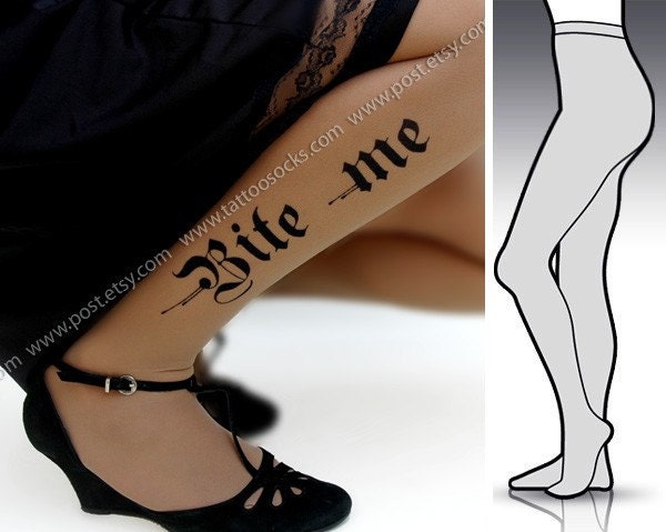 Large/Extra Large sexy HALLOWEEN BITE ME tattoo tights / stockings / full length / pantyhose / nylons Cafe Latte
