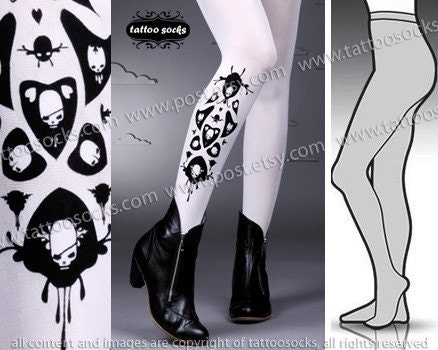 s/m sexy SKULLS AND HEARTS tattoo tights / stockings / full length / pantyhose / nylons white