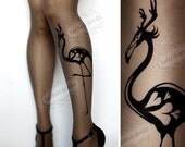 sexy FLAMINGO with horns tattoo THIGH HIGH stockings / nylons grey