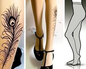 Large/Extra Largesexy PEACOCK FEATHER TATTOO  tights / stockings full length pantyhose Ultra Pale