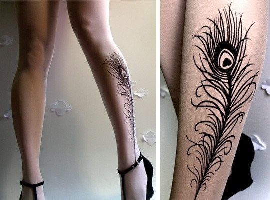 sexy PEACOCK FEATHER TATTOO gorgeous thigh-high socks White
