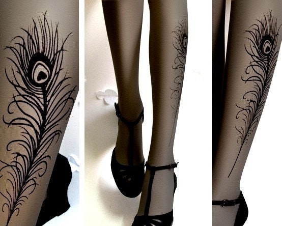 sexy Peacock FEATHER TATTOO gorgeous thigh-high socks GREY