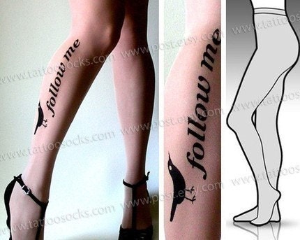 s/m sexy, funny and flirty FOLLOW ME twitter TATTOO tights / stockings / full length / pantyhose / nylons light mocha