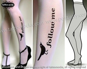 s/m sexy, funny and flirty FOLLOW ME twitter tattoo tights / stockings /  full length  / pantyhose / nylons WHITE