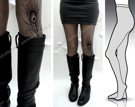 Large/Extra Large sexy MINI and BOOTS peacock FEATHER tattoo tights / stockings / full length / pantyhose / nylons Grey
