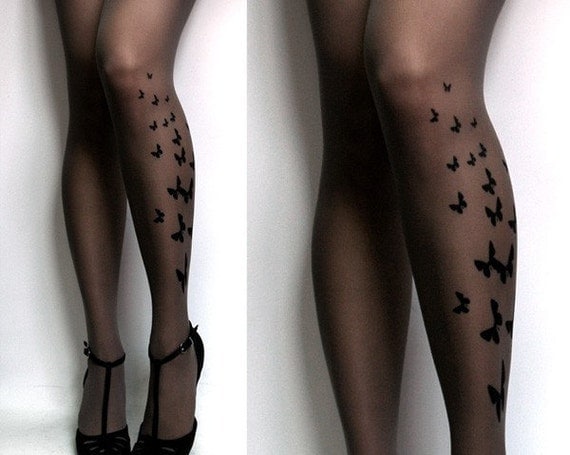 Large/Extra Large brand new color GREY sexy BUTTERFLY tattoo tights / stockings / full length / pantyhose / nylons