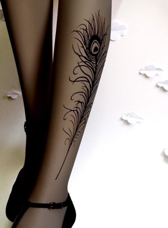 Large/ Extra Large gorgeous PEACOCK FEATHER tattoo tights / stockings / full length / pantyhose / nylons GREY