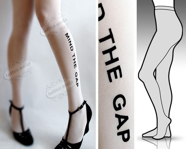 l/xl sexy MIND THE GAP tattoo full length tights / stockings / pantyhose / nylons white