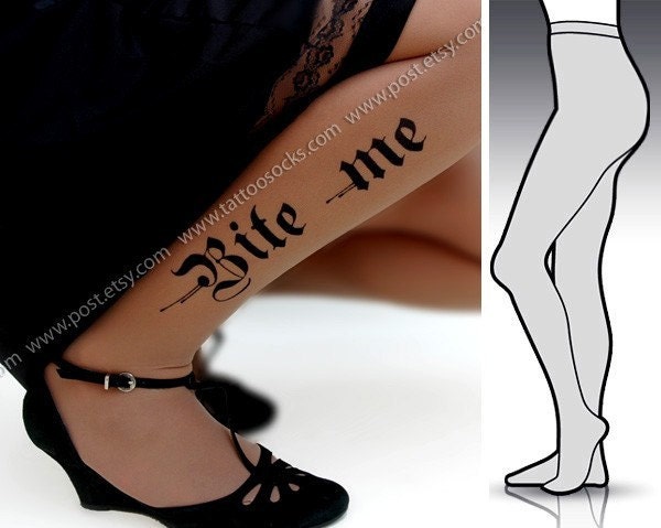 l/xl sexy HALLOWEEN BITE ME tattoo tights / stockings/ full length / pantyhose / nylons deep mocha