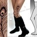 Large/ Extra Large sexy MINI and BOOTS peacock FEATHER tattoo stockings full length pantyhose Deep Mocha