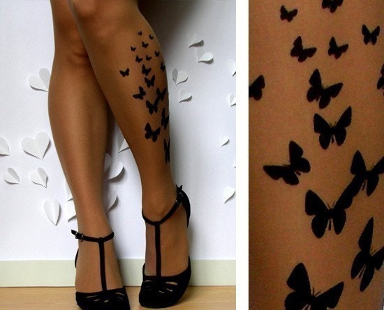 sexy BUTTERFLY TATTOO thigh-high socks cafe latte