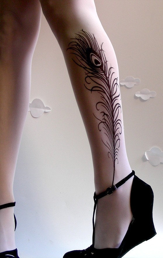 Large/Extra Large sexy PEACOCK FEATHER Tattoo tights / stockings full length pantyhose WHITE