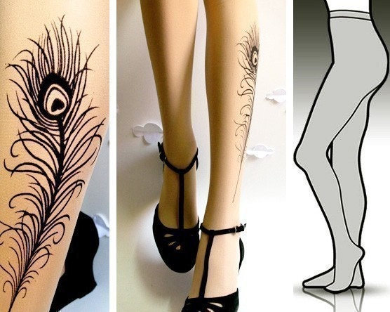 Large/Extra Largesexy PEACOCK FEATHER TATTOO  tights / stockings full length pantyhose Ultra Pale