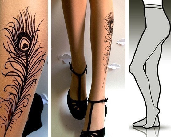Large/Extra Large sexy PEACOCK FEATHER TATTOO tights / stockings full length pantyhose Light Mocha