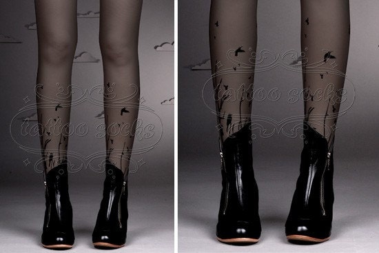 fabulous FOREST SYMPHONY tattoo thigh-high nylons GREY
