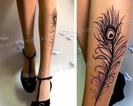 PEACOCK FEATHER TATTOO gorgeous thigh-high stockings Light Mocha