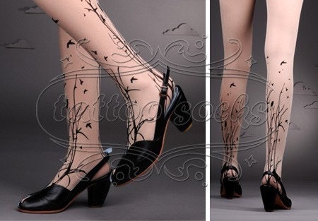 Large/Extra Large fabulous FOREST SYMPHONY tattoo stockings/ full length / pantyhose / nylons Light Mocha