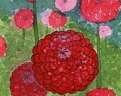Buy 2 Get 1 FREE -- Watercolor Painting: Watercolor Flowers -- Art Print --  Red and Pink Zinnias -- 4x6