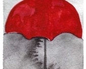 Buy 2 Get 1 FREE -- Watercolor Painting: Watercolor Illustration -- Art Print --  Under My Red Umbrella  -- 4x6