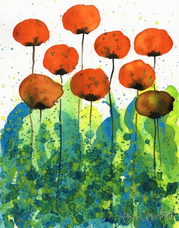 Buy 2 Get 1 FREE -- Watercolor Painting: Watercolor Flowers -- Art Print --  Slurp -- Orange Flowers -- 8x10