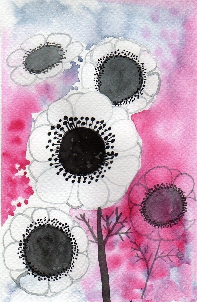Buy 2 Get 1 FREE -- Watercolor Painting: Watercolor Flowers -- Mini Art Print -- White Anemone Flowers -- ACEO Print