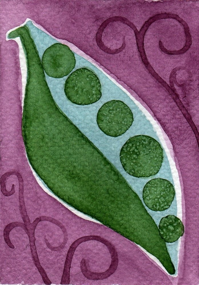 Buy 2 Get 1 FREE -- Watercolor Painting: Watercolor Illustration -- Mini Art Print -- Pea Pod -- ACEO Print