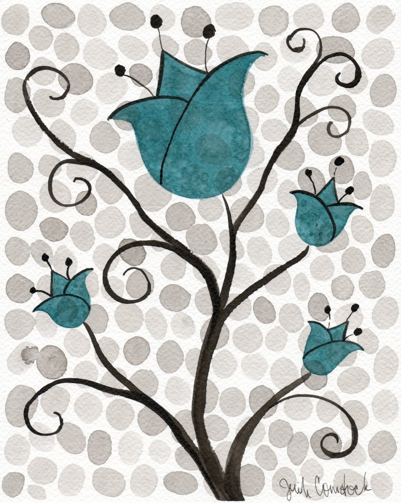 Buy 2 Get 1 FREE -- Watercolor Painting: Watercolor Flowers -- Art Print --  Aqua Polka-Dot Flowers -- Scandinavian Tulips -- 11x14