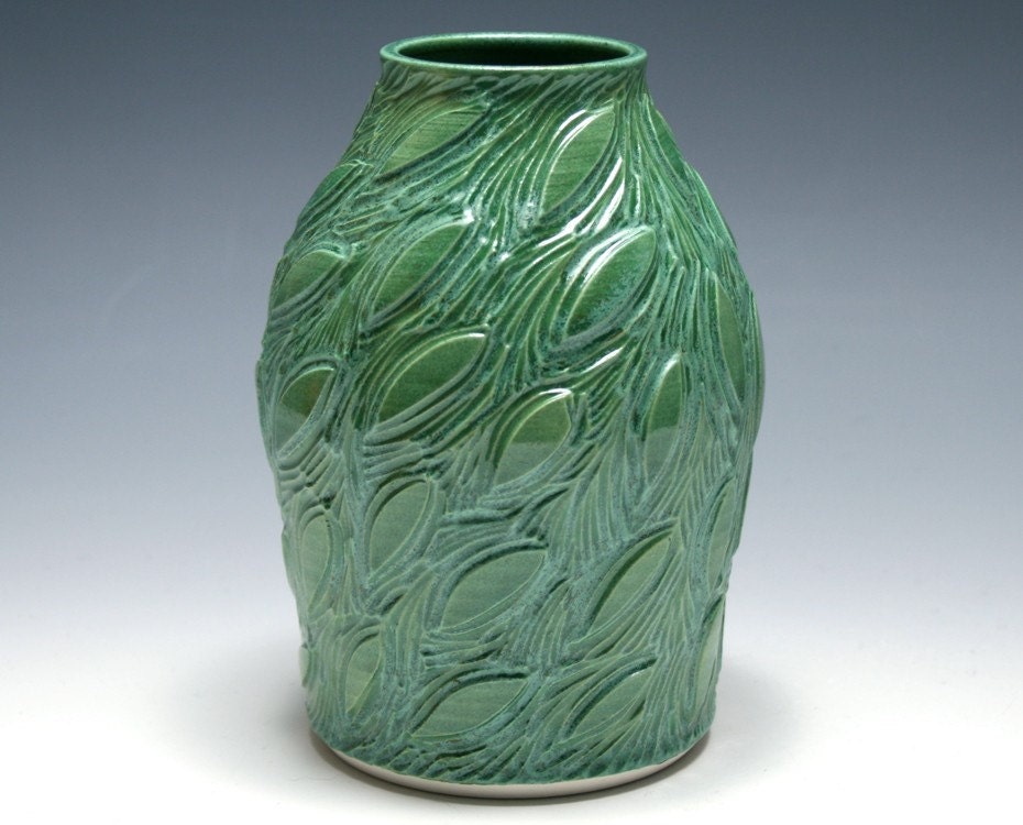 Carved Leaf Vase in Jade Green