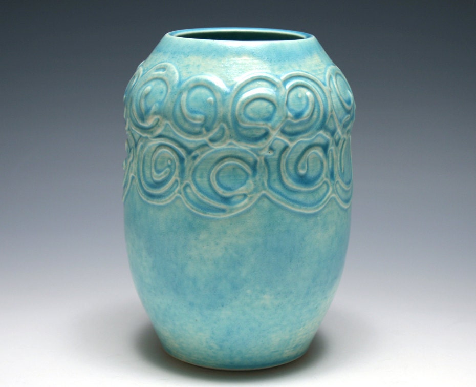 Blue Vase with Raised Spirals - Tahitian Blue Glaze