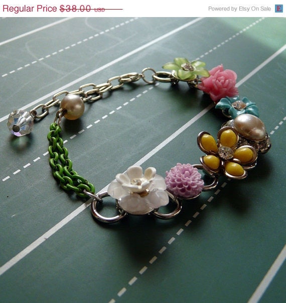 ON SALE flowering vine bracelet no. 1 - vintage flowers, earrings, rhinestones and pearls