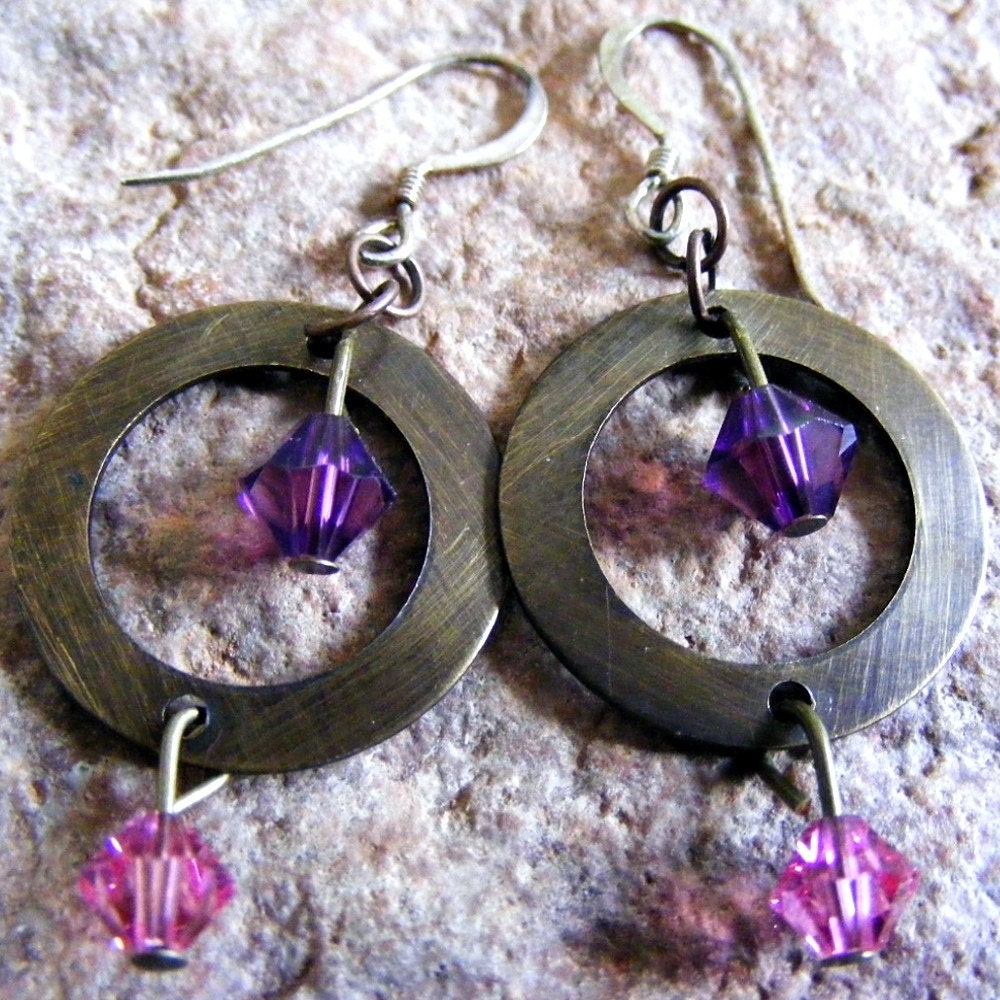 Swarovski Crystal Antiqued Brass Ring Earrings