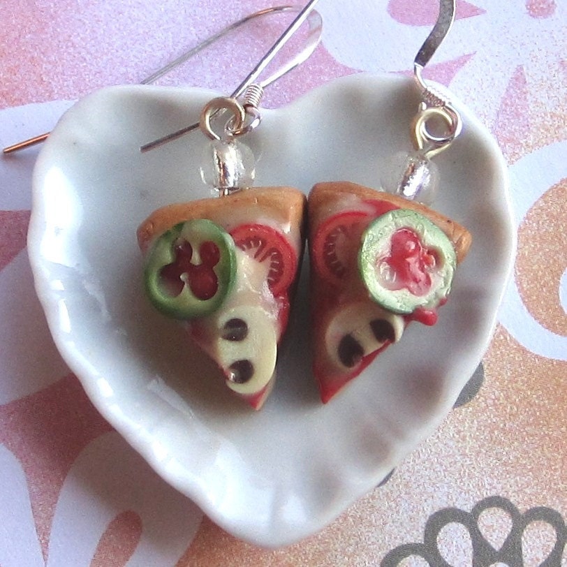 Pizza Earrings - Green Pepper, Mushroom, Tomato