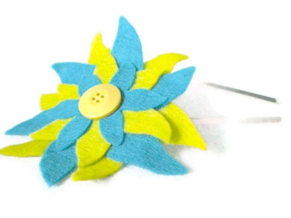 Upcycled Multilayer Felt Flower Headband in Lime Green and Blue with Yellow Button Center with Metal Headband