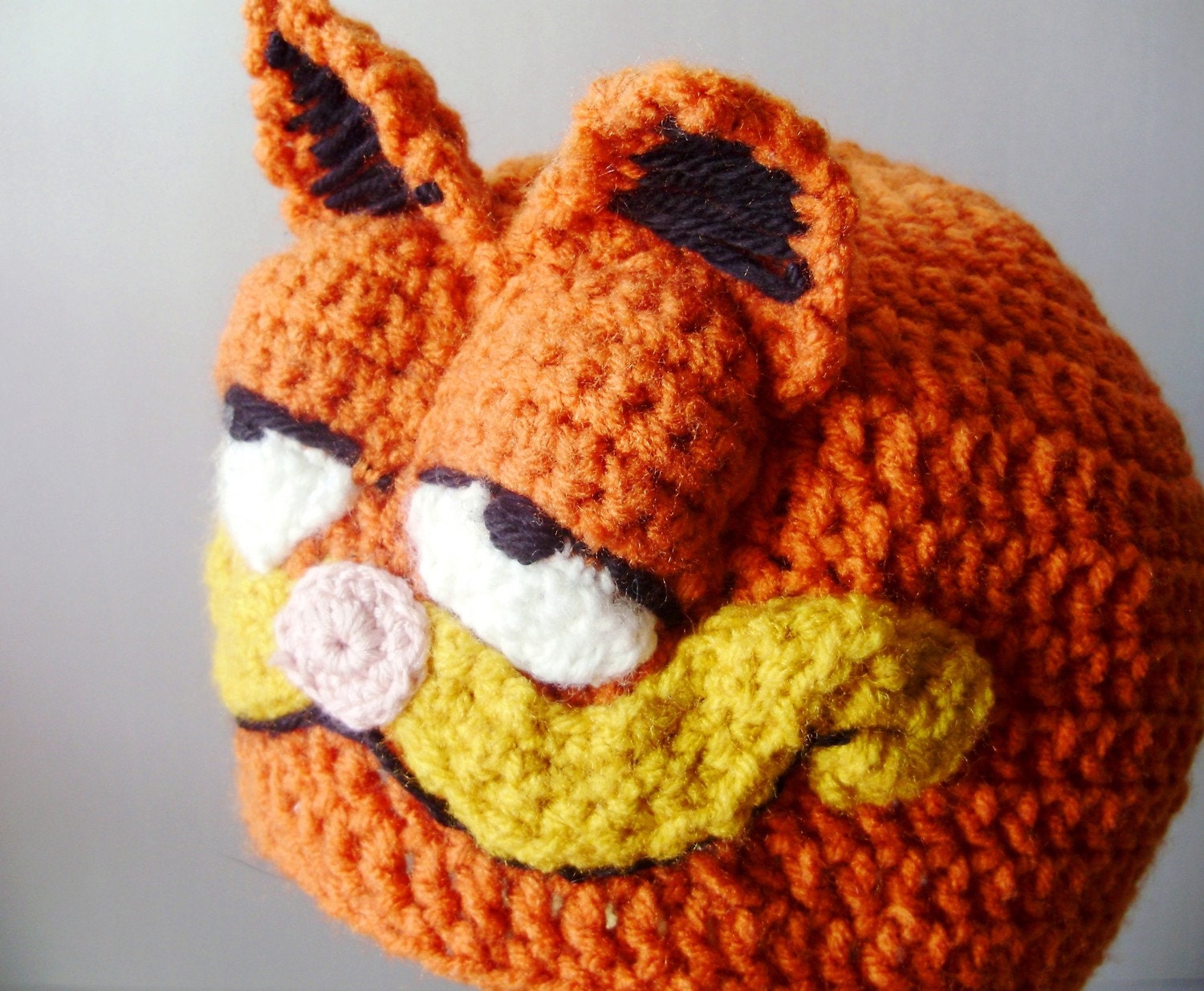 Crochet Hat - Retro Cartoon 3-D Cat Hat in Bright Orange with Ears and Snout for Adults - Silly and Chunky Crochet Hat