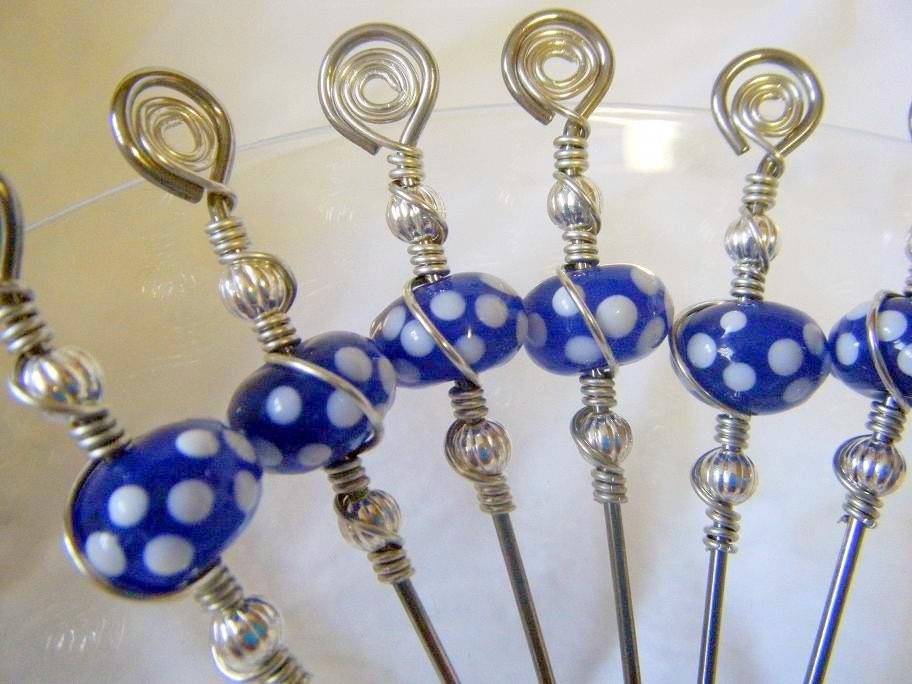 Blue and White Polka Dot Appetizer Picks - SET OF 8
