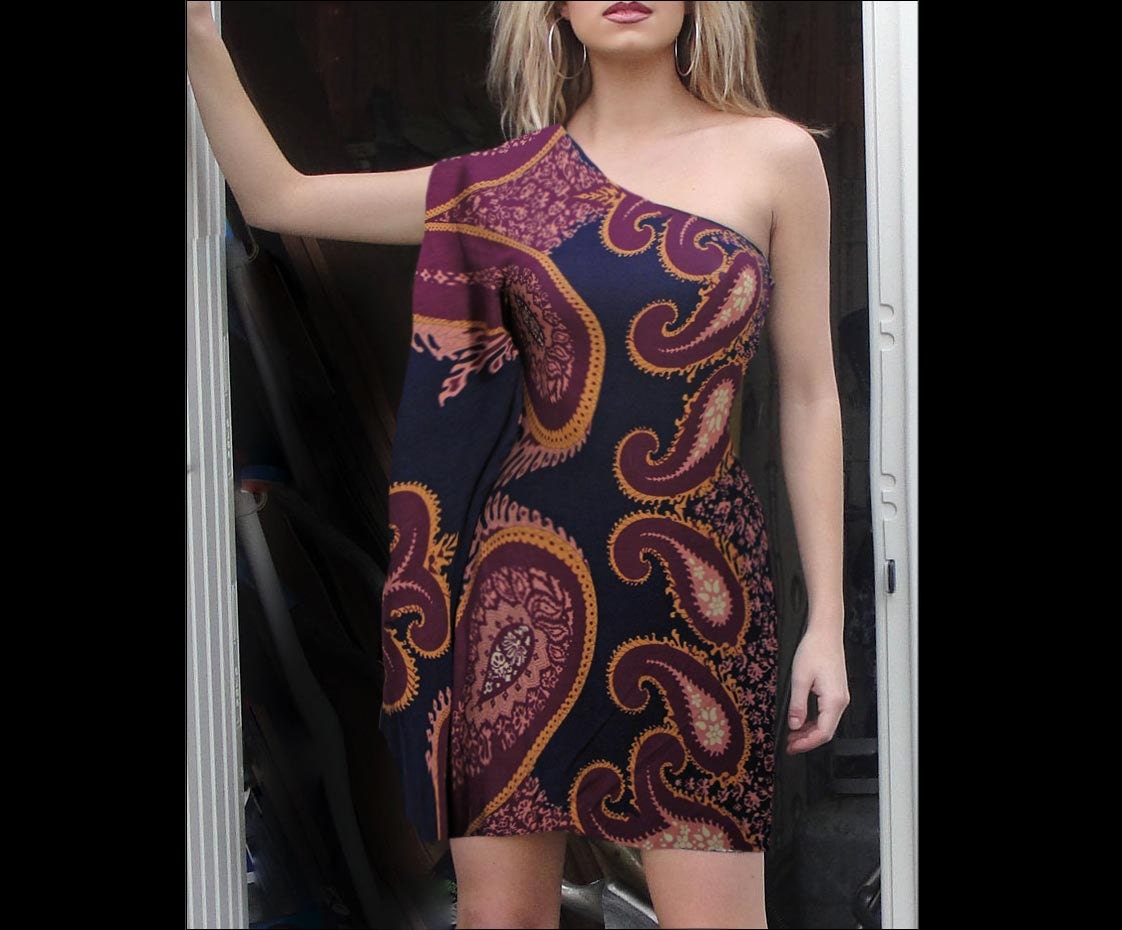 Venni Caprice Grape Paisley One Shoulder Wing Dress - Made to Order