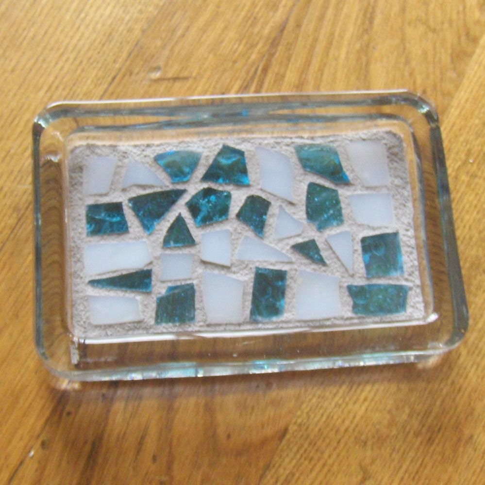 Glass Mosaic Paperweight or Tray In Teal and White