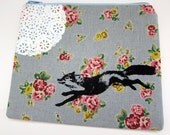 Pouch Fox and Lace on Blue Floral Linen