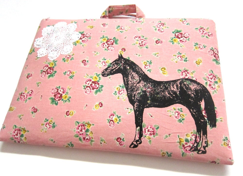 Laptop Bag Horse and Lace on Pink Floral Print Linen Custom Sizing Available Handmade
