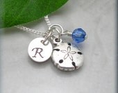 Sand Dollar Initial Birthstone Necklace Sterling Silver Charm Beach Ocean Jewelry Personalized Sanddollar Hand Stamped (SN614,615)