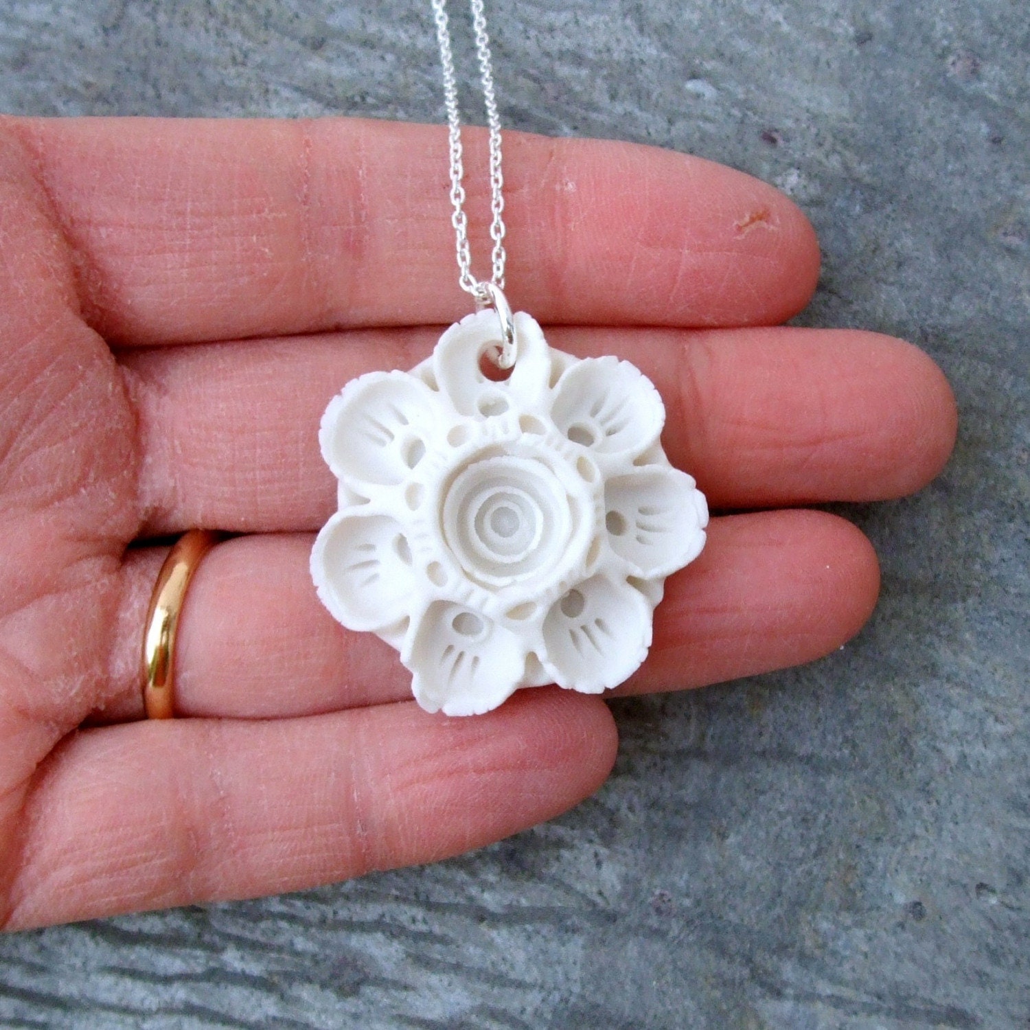 Porcelain Pendant - White Primula Auricula - Sterling Silver Chain