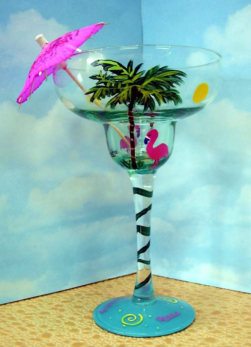 FLAMINGO MARGARITA GLASS Palm Wine Hand By Pendragonartworks