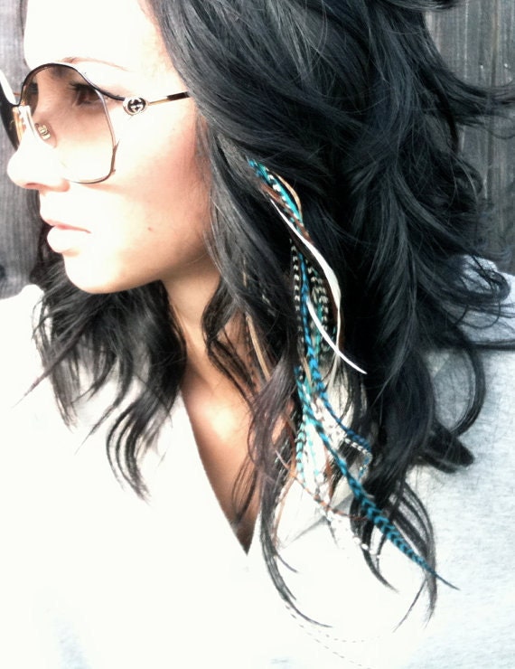 Turquoise 6 Feather Hair Extensions MEDIUM - Salon Grade : FREE micro link clamp