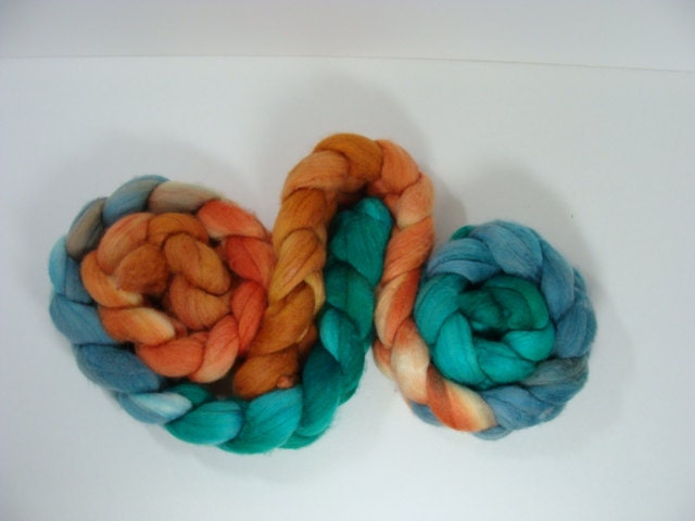 SALE Merino Silk Top for Spinning Luscious Complex Color DANA oranges turquoises blues