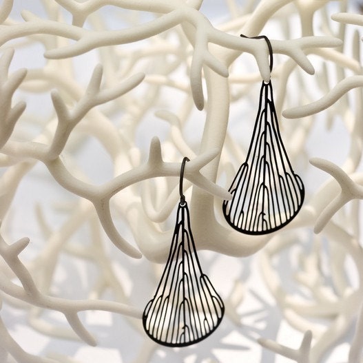 Black Dichotomous Earrings - stainless steel earrings, leaf jewelry, organic intricate